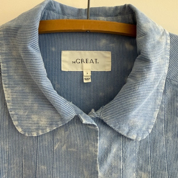 The Great dyed chambray pleated Peter Pan collar stripe button up shirt - Picture 2 of 5